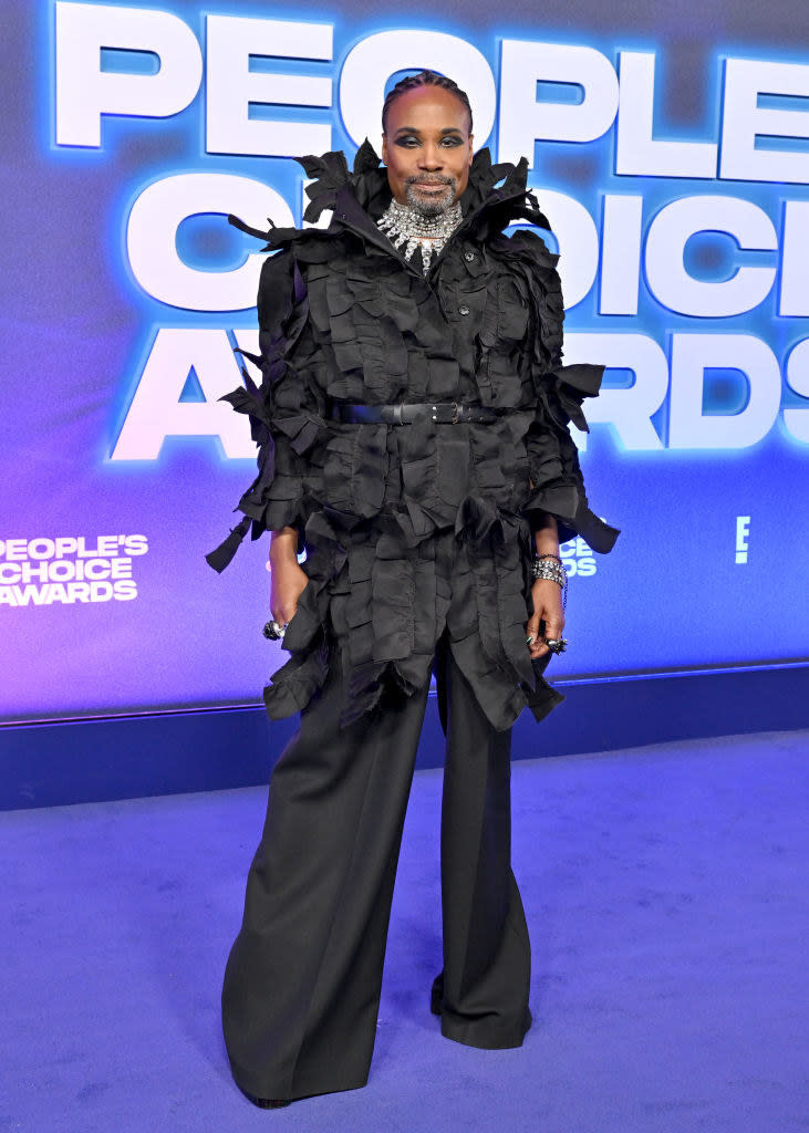 Billy Porter attends the 2022 People's Choice Awards in a wide-leg pantsuit