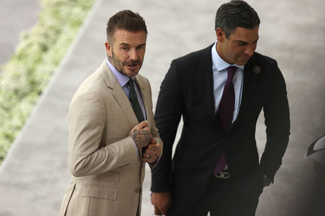 Miami Mayor Francis Suarez, right, joined soccer star David Beckham, a registered city lobbyist, at the FIFA World Cup Qatar 2022 semifinal match between France and Morocco at Al Bayt Stadium on Dec. 14, 2022 in Al Khor, Qatar.