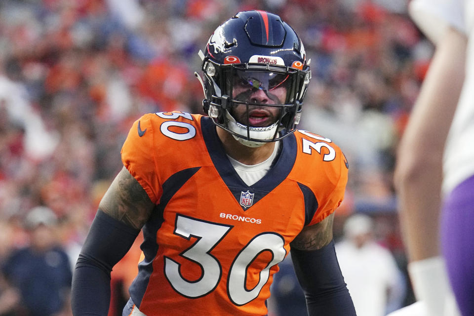 FILE - Denver Broncos safety Caden Sterns (30) lines up against the Minnesota Vikings during a NFL football game on Aug 27, 2022, in Denver. Sterns will step in for Broncos safety Justin Simmons, who has started 66 straight games and been the commanding voice on the field. Simmons injured his thigh in the season opener at Seattle. (AP Photo/Bart Young, File)