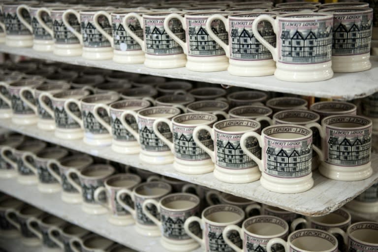 Pieces of crockery await finishing in the Emma Bridgewater factory in Stoke-on-Trent, central England