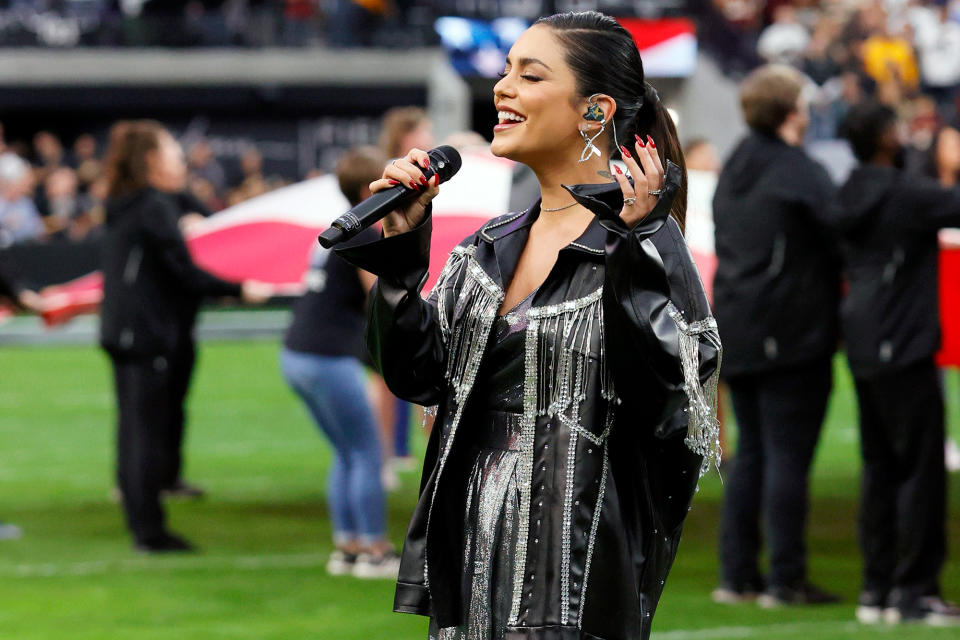 <p>Vanessa Hudgens sings the national anthem before the Washington Football Team takes on the Las Vegas Raiders on Dec. 5 in Las Vegas. </p>