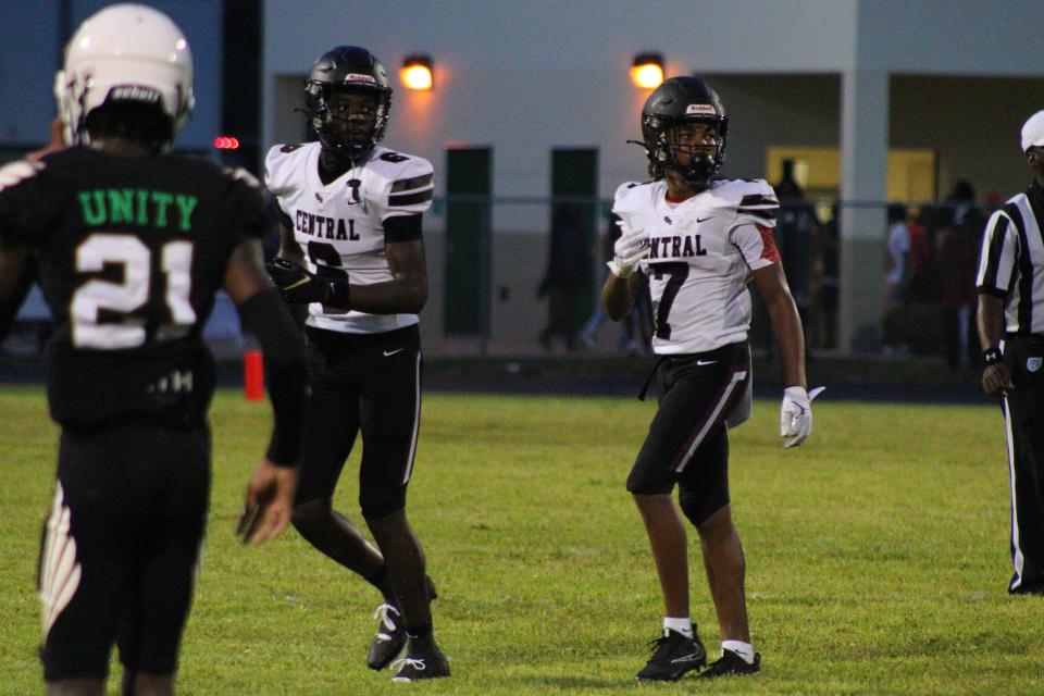 Dressed out as a Palm Beach Central Bronco for the first time, four-star wide receiver Kamare Williams (6) faced off against his former Atlantic teammates on Thursday.