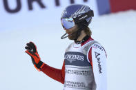 Austria's Marco Schwarz celebrates after completing the slalom portion of an alpine ski, men's World Championship combined race, in Courchevel, France, Tuesday, Feb. 7, 2023. (AP Photo/Marco Trovati)