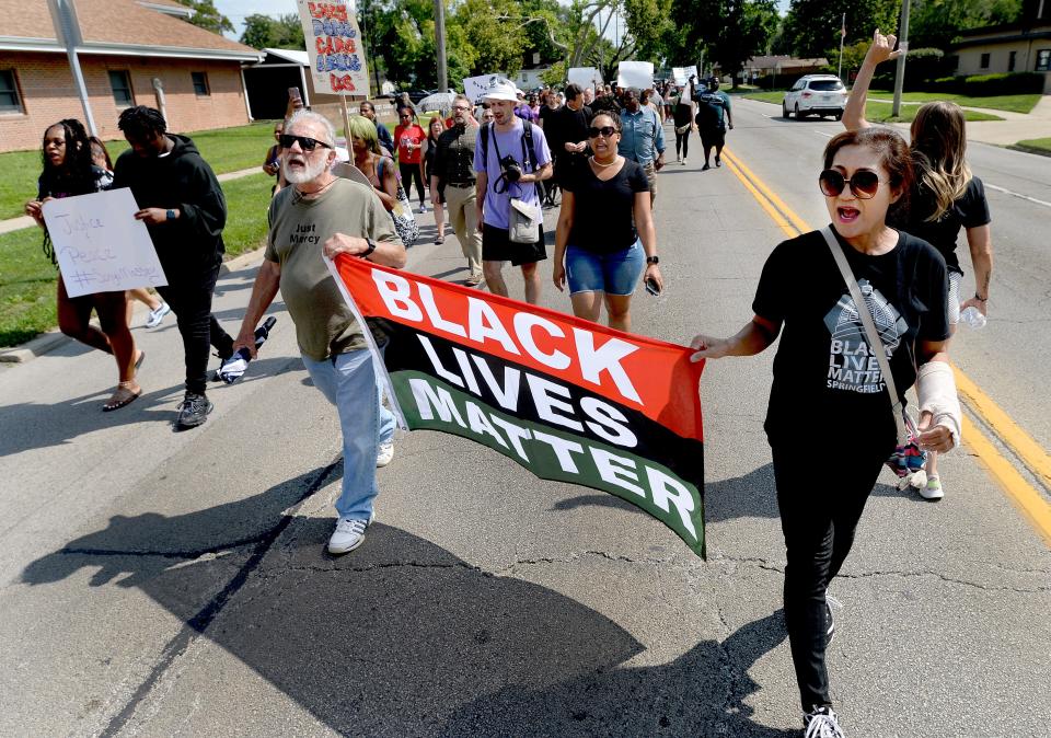 Protesters on July 22, 2024, during a peace march in Springfield, Ill., for Sonya Massey, who was fatally shot by police after she called 911 for help.