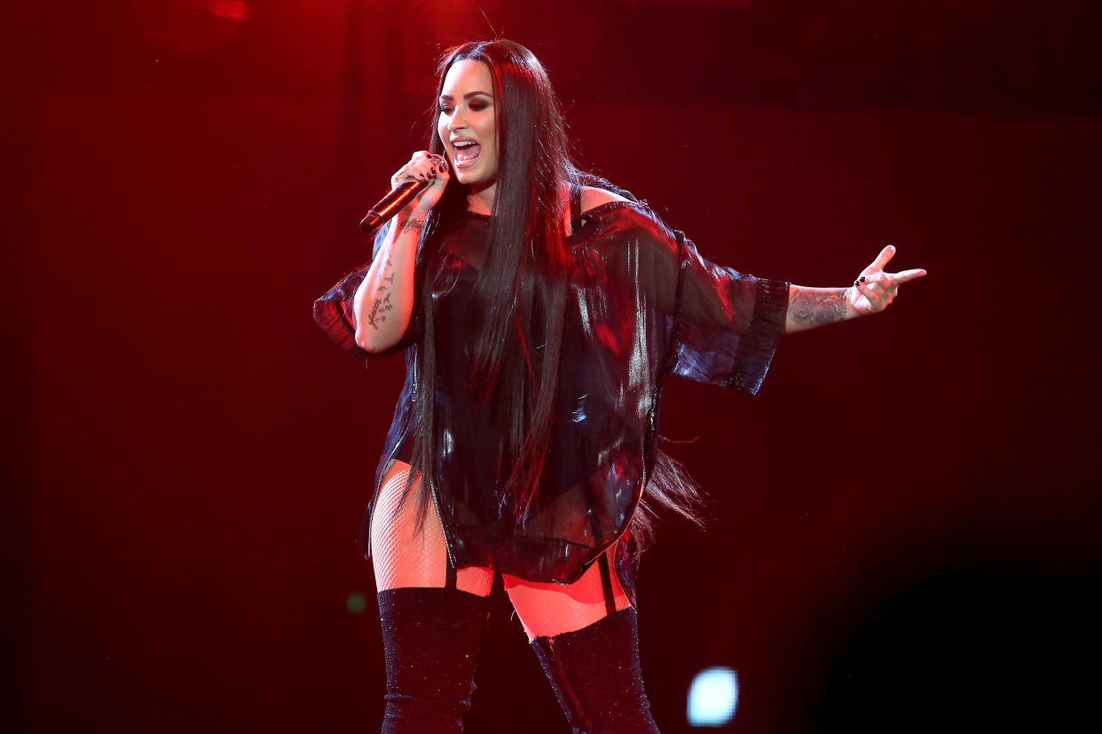 LONDON, ENGLAND – JUNE 25: Demi Lovato performs live on stage at The O2 Arena on June 25, 2018 in London, England. (Photo by Simone Joyner/Getty Images)