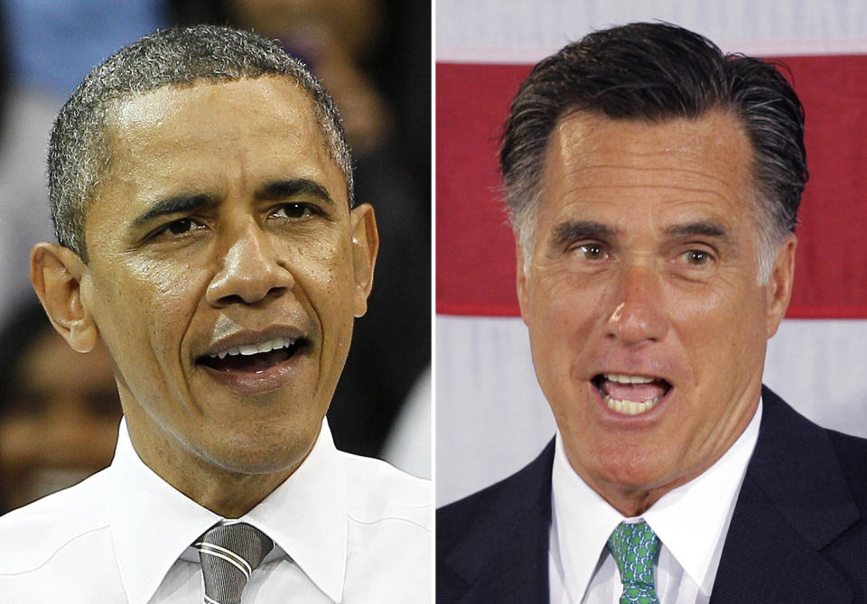 This photo combo shows President Barack Obama in Chapel Hill, N.C. on April 24, 2012, and Republican presidential candidate, former Massachusetts Gov. Mitt Romney on April 18, 2012 in Charlotte, N.C. Obama and his likely GOP opponent, Romney, agree on an issue of importance to college students: Keeping the interest rate low on a popular federally subsidized student loan issued to low-and middle-income students. (AP Photo)