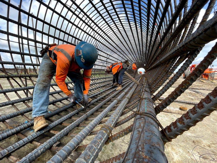 Crews work on the Conejo Viaduct bridge in Fresno County on March 11, 2021. (CaHSR)