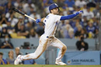 FILE - Los Angeles Dodgers' Trea Turner (6) bats during a baseball game against the New York Mets Thursday, Aug 19, 2021, in Los Angeles. The Philadelphia Phillies landed Trea Turner on Monday, Dec. 5, 2022, agreeing to a $300 million, 11-year contract with the dynamic shortstop. (AP Photo/Ashley Landis, File)