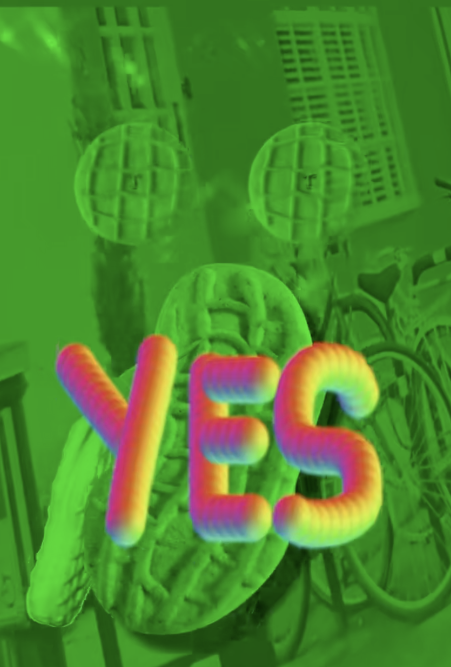 A screen with the highlighted word "YES" over a background showing a bike and the Nutter Butters