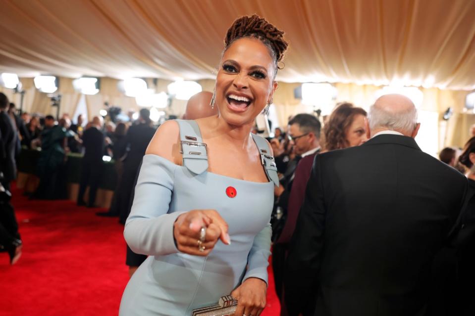 Director Ava DuVernay also sported a red pin for a ceasefire at the Oscars. Getty Images
