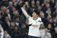 Tottenham's Son Heung-min celebrates after scoring his side's second goal during the English Premier League soccer match between Tottenham Hotspur and West Ham United at Tottenham Hotspur stadium in London, Sunday, Feb. 19, 2023. (AP Photo/Kirsty Wigglesworth)
