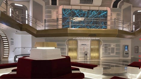 the overview of the Starcruiser lobby, with a futuristic feel and white walls