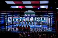 Michael Bloomberg, Elizabeth Warren, Bernie Sanders, Joe Biden, Pete Buttigieg and Amy Klobuchar debate during the ninth Democratic 2020 U.S. Presidential candidates debate at the Paris Theater in Las Vegas