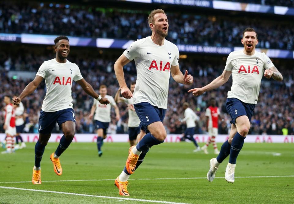 Harry Kane celebrates scoring against Arsenal (Tottenham Hotspur FC via Getty I)