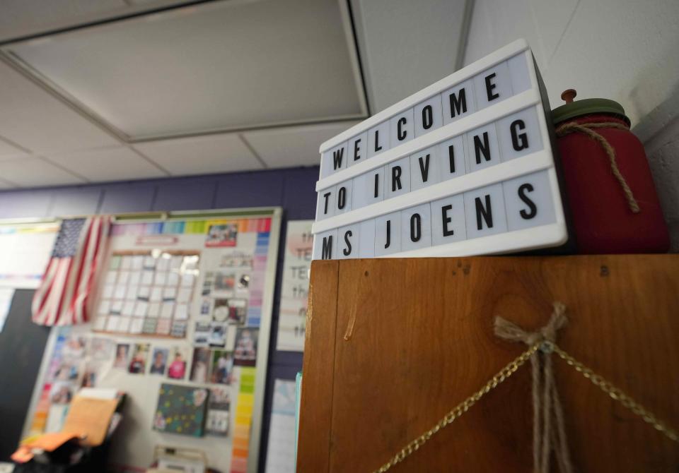 A sign welcomes student teacher and standout Iowa State women's basketball player Ashley Joens to a fifth grade classroom at Irving Elementary School in Indianola.