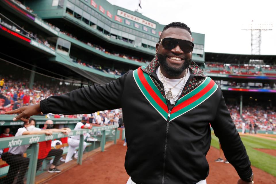 FILE - Former Boston Red Sox player David Ortiz walks on the field before a baseball game against the Cleveland Indians, Sunday, Sept. 5, 2021, in Boston.  Ortiz, Ryan Howard, Tim Lincecum and Alex Rodriguez are among 13 first-time candidates on the Hall of Fame ballot of the Baseball Writersâ€™ Association of America, joining 17 holdovers. (AP Photo/Michael Dwyer, FIle)