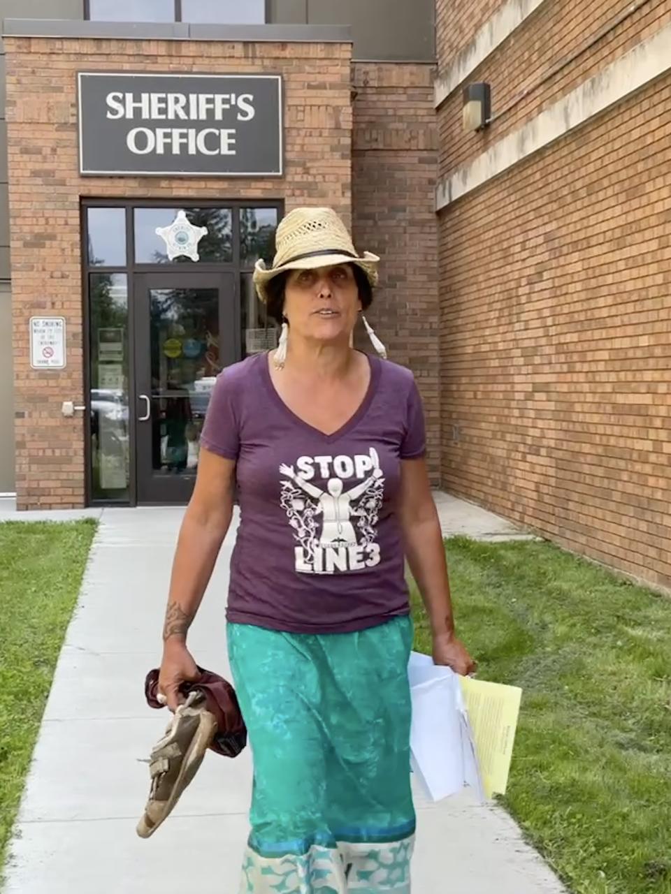 Winona LaDuke, executive director of Honor the Earth, was released from Aitkin County Jail on Thursday, July 22, for violating conditions of release. She spent three days in custody for charges stemming from  demonstrating against Line 3 in northern Minnesota. (Photo/Sarah Little Redfeather)