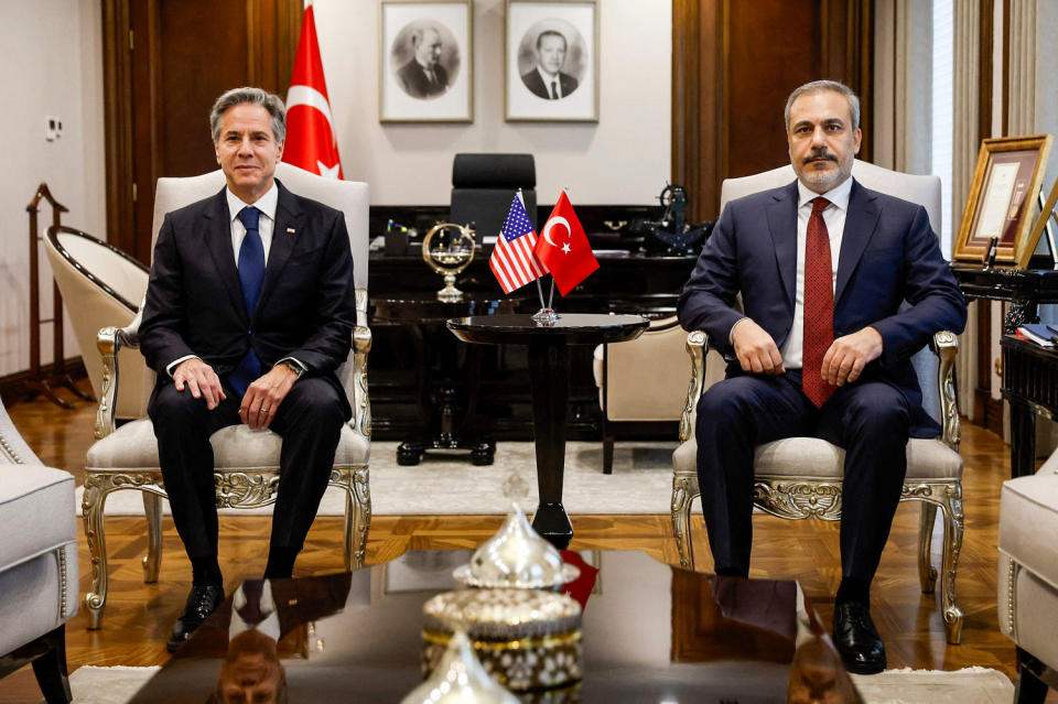 Secretary of State Antony Blinken with Turkish Foreign Minister Hakan Fidan in Ankara. (Jonathan Ernst / Pool via AFP - Getty Images)