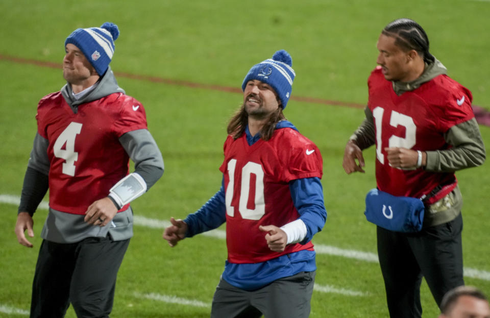 Indianapolis Colts quarterback Gardner Minshew, centre, attends a practise session in Frankfurt, Germany, Friday, Nov. 10, 2023. The New England Patriots will play against the Indiana Colts in a NFL game on Sunday. (AP Photo/Michael Probst)