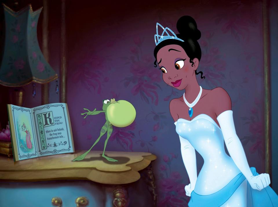 In this film publicity image released by Disney, Princess Tiana, voiced by Anika Noni Rose, right, is shown with frog Prince Naveen, voiced by Bruno Campos, in a scene from the animated film, "The Princess and the Frog," which the Boys and Girls Club of Elkhart County presents in a free screening Feb. 10, 2023, at the Goshen Theater.