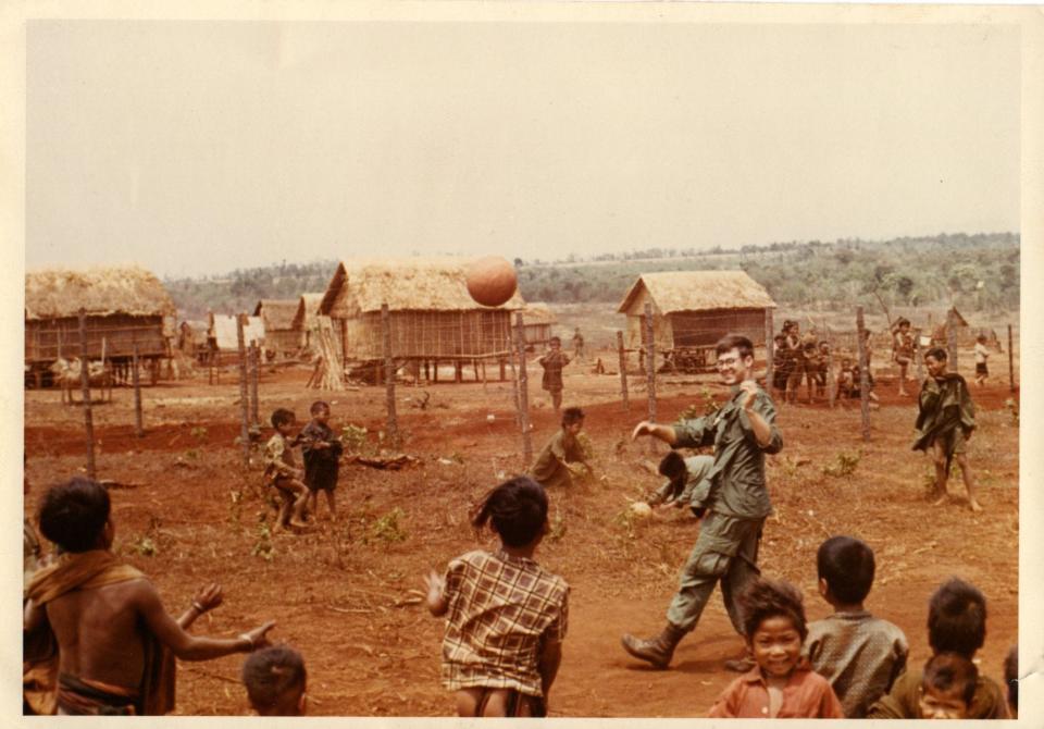Robert Sharkey is a Vietnam combat vet. Here, he was playing soccer with some Montagnard kids up in one of their villages in Vietnam's Central Highlands.