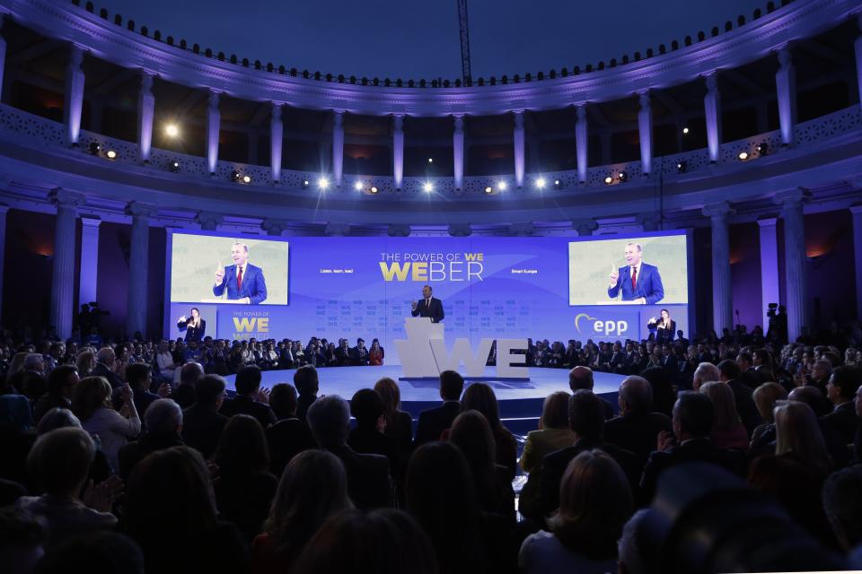 European People's Party candidate Manfred Weber delivers a speech at Zappeio Congress Hall in Athens on Tuesday, April 23, 2019. Weber is in Greece for the official launch of his campaign for the May 23-26 European Parliament elections. (AP Photo/Thanassis Stavrakis)