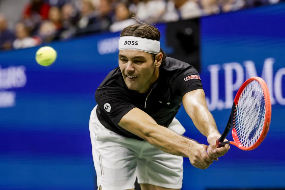 Taylor Fritz of the United States in action against Frances Tiafoe of the United States during their men's semifinals match of the US Open Tennis Championships at the USTA Billie Jean King National Tennis Center in Flushing Meadows, New York, USA, 06 September 2024.  EPA/JOHN G. MABANGLO (EPA)