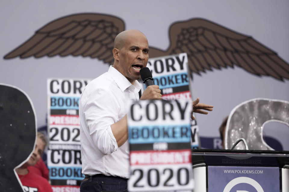 Democratic presidential candidate Sen. Cory Booker, D-N.J., speaks at the Polk County Democrats Steak Fry, in Des Moines, Iowa, Saturday, Sept. 21, 2019. (AP Photo/Nati Harnik)