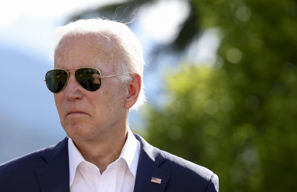 US President Joe Biden attends the first day of the G7 leaders' summit, at Bavaria's Schloss Elmau castle, in Kruen, Germany, Sunday, June 26, 2022. (Lukas Barth/Pool Photo via AP)