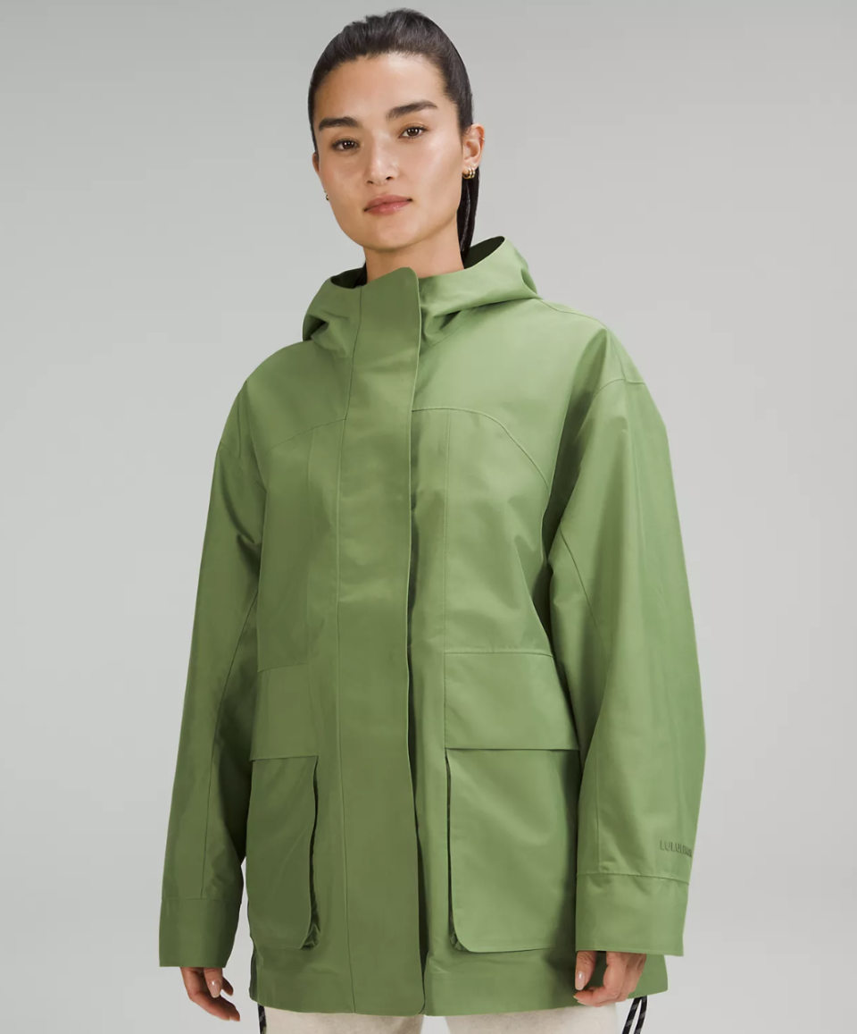 Oversized Hooded Rain Jacket in green foliage (photo via Lululemon)