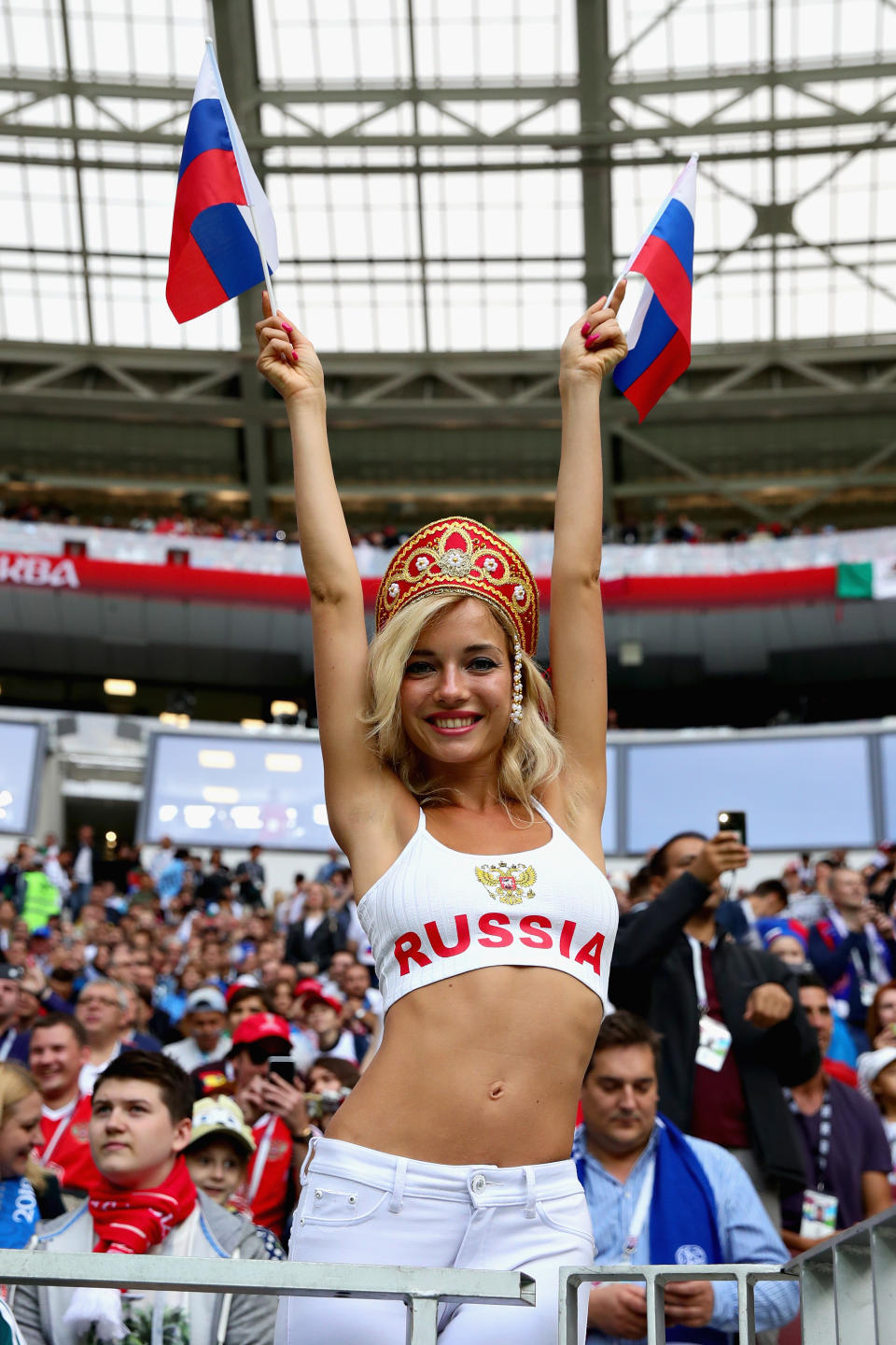 <p>A Russia fan enjoys the atmosphere in the stadium before the 2018 FIFA World Cup Russia group A match between Russia and Saudi Arabia at Luzhniki Stadium on June 14, 2018 in Moscow, Russia. (Photo by Chris Brunskill/Fantasista/Getty Images) </p>