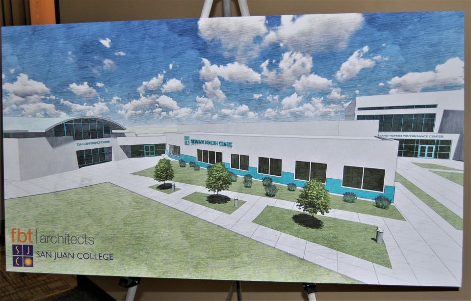 An architectural drawing on display at an April 11 press conference at San Juan College shows the location of the planned facility between the Health and Human Performance Center and the Zia Conference Center.