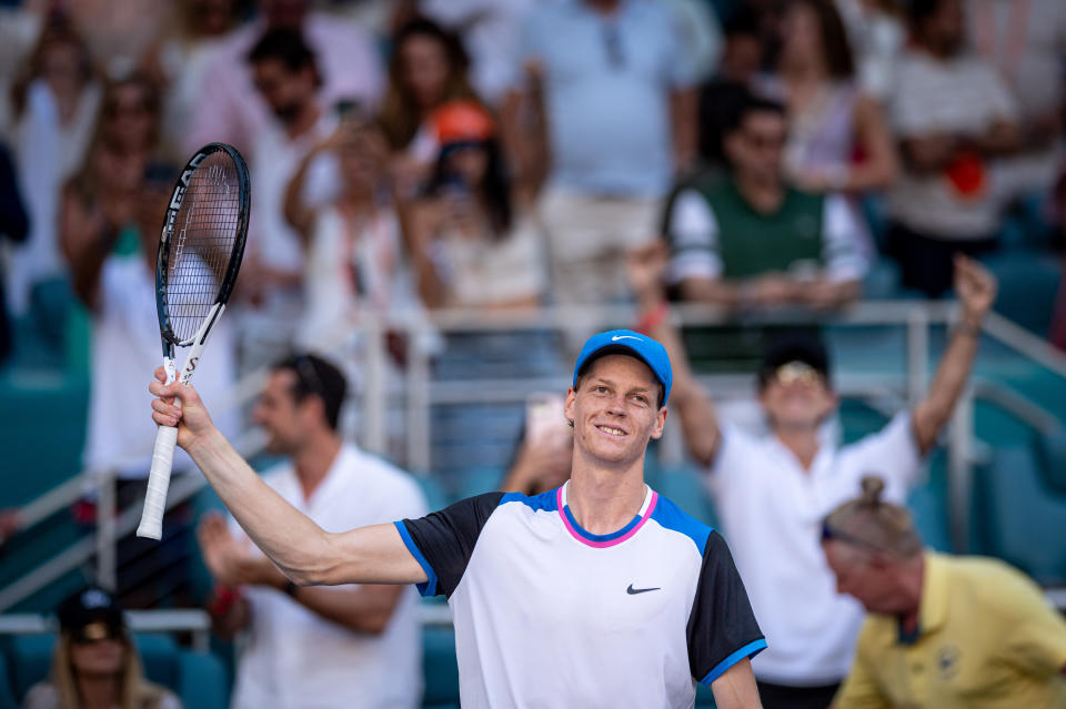 MIAMI GARDENS, FLORIDA - MARCH 31: Jannik Sinner from Italy  competes against Grigor Dimitrov from Bulgaria (not seen) during the Finals of men's singles of 2024 Miami Open at Hard Rock Stadium on March 31, 2024 in Miami Gardens, Florida. (Photo by Arturo Jimenez/Anadolu via Getty Images)