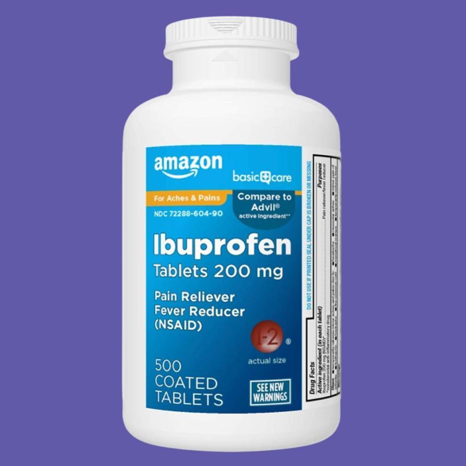 <div><p>"I've been stuck on a long-haul flight far too many times with a terrible headache, strong cramps or stomach pain," Mello said. She's since learned her lesson and always carries over-the-counter painkillers. NSAIDs like Ibuprofen can help relieve pain and fevers. Individuals with certain bleeding disorders, stomach ulcers, kidney disease or asthma should talk to their doctor before taking them.</p><p><i>You can buy the <a href="https://www.amazon.com/Basic-Care-Ibuprofen-Tablets-Count/dp/B074F297T8" rel="nofollow noopener" target="_blank" data-ylk="slk:500-count NSAID pain reliever;elm:context_link;itc:0;sec:content-canvas" class="link ">500-count NSAID pain reliever</a> from Amazon for around $16. </i></p></div><span> Amazon</span>