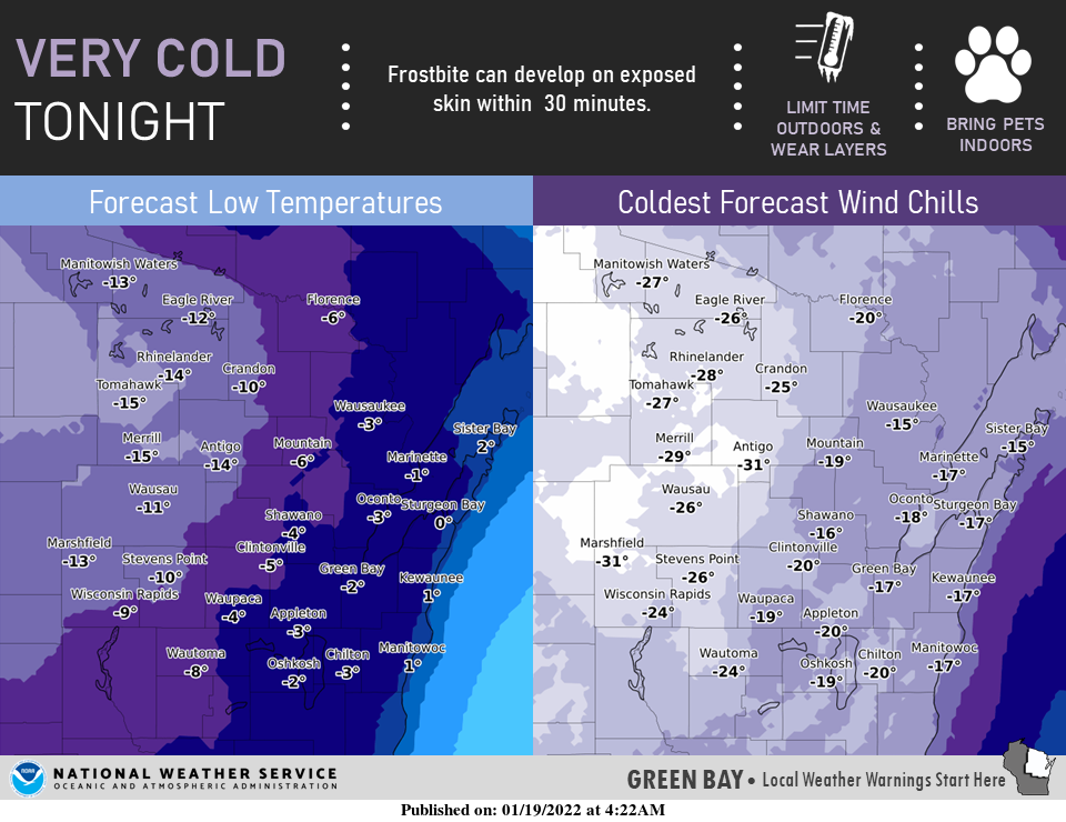 Wind chills could drop to minus 30 in central Wisconsin overnight on Wednesday into Thursday and the National Weather Service has issued wind chill advisories for those areas.