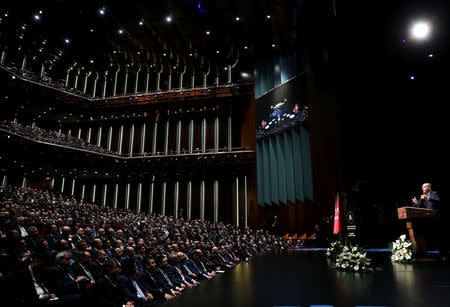 Turkish President Tayyip Erdogan addresses the audience during a meeting at the Presidential Palace in Ankara, Turkey, February 21, 2018. Murat Cetinmuhurdar/Presidential Palace/Handout via REUTERS ATTENTION EDITORS - THIS IMAGE HAS BEEN SUPPLIED BY A THIRD PARTY. NO RESALES. NO ARCHIVES