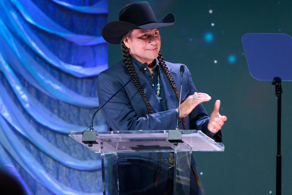 Mo Brings Plenty speaks on April 15, 2023, during the 2023 Western Heritage Awards at the National Cowboy & Western Heritage Museum in Oklahoma City.