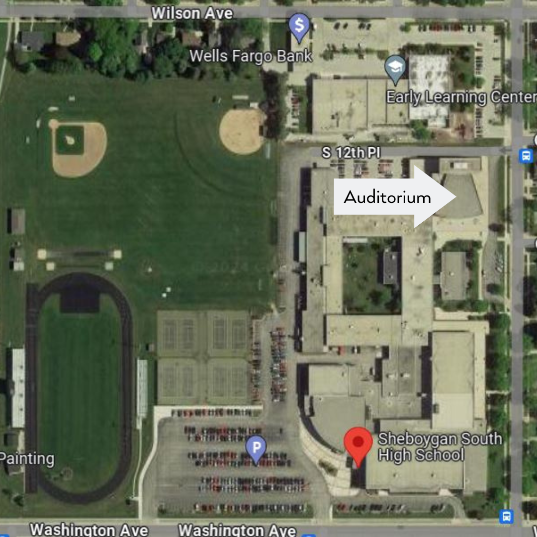 A map shows the location of the South High School Auditorium. The public can access the space through the auditorium doors on South 12th Street.