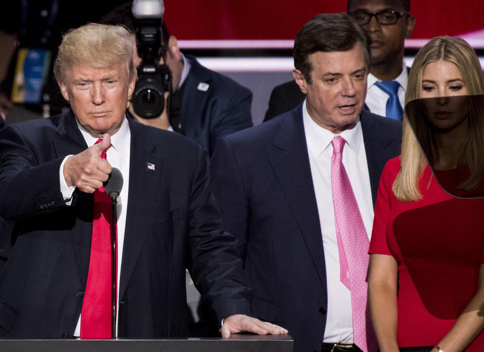 Then-GOP candidate Donald Trump with his campaign manager, Paul Manafort, who received a presidential pardon several years later. (Photo: Bill Clark/CQ Roll Call via Getty Images)