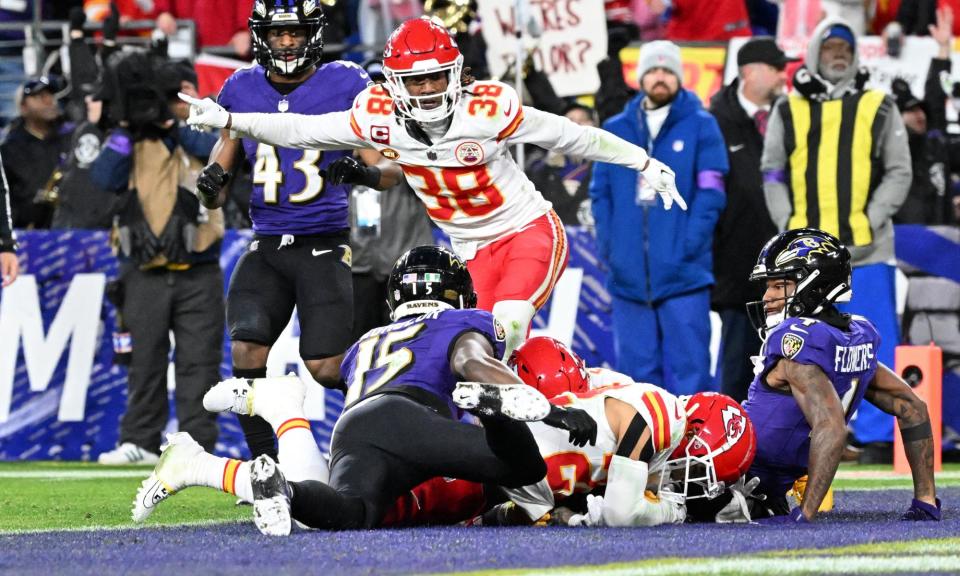 <span>Kansas City Chiefs cornerback L'Jarius Sneed (38) celebrates after forcing a fumble against the Baltimore Ravens in the AFC Championship Game.</span><span>Photograph: Tommy Gilligan/USA Today Sports</span>