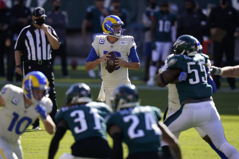 Los Angeles Rams' Jared Goff plays during the second half of an NFL football game against the Philadelphia Eagles.