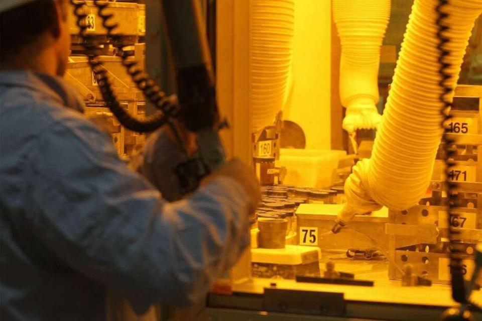 Work with radioactive material is done inside a hot cell at Hanford’s 222-S Laboratory. The lab is used to analyze radioactive waste.