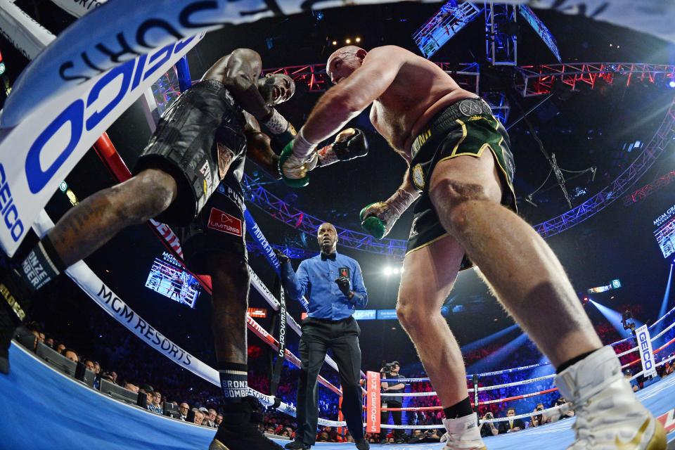 Deontay Wilder and Tyson Fury box during their WBC heavyweight title bout at MGM Grand Garden Arena on Feb. 22, 2020. Fury won via seventh round TKO.