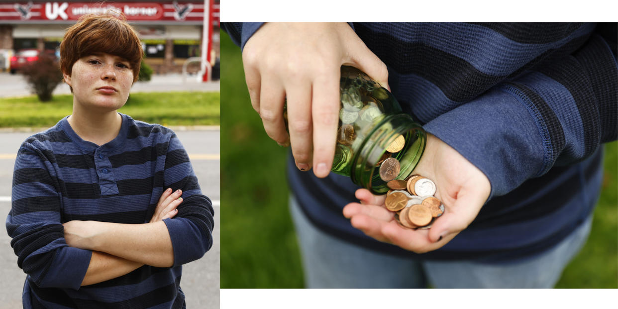 Image: Side by side collage of Marshall Troese outside the convenience store and Marshall with the change in his coin jar. (Jared Wickerham for NBC News)