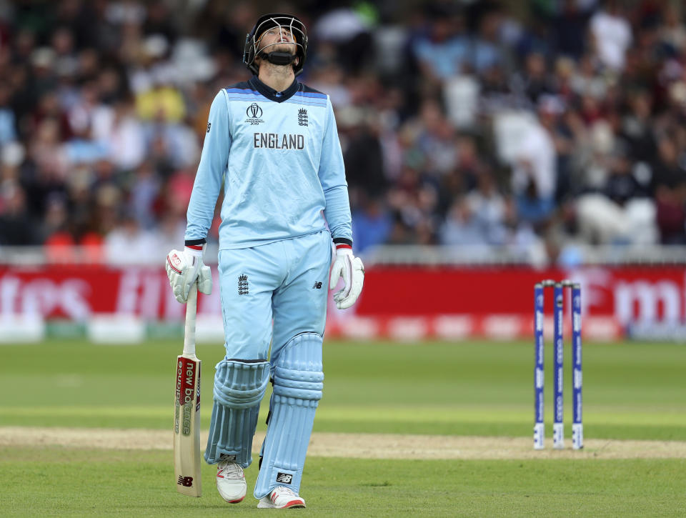 England's Joe Root reacts as he leaves the field after being dismissed during the Cricket World Cup match between England and Pakistan at Trent Bridge in Nottingham, Monday, June 3, 2019. (AP Photo/Rui Vieira)