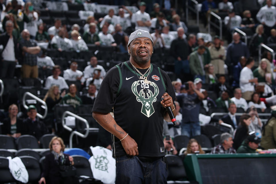 Rapper Biz Markie performs during Game Two of the Eastern Conference Semifinals of the 2019 NBA Playoffs between the Milwaukee Bucks and Boston Celtics on April 30, 2019 at the Fiserv Forum Center in Milwaukee, Wisconsin. (Photo by Gary Dineen/NBAE via Getty Images).