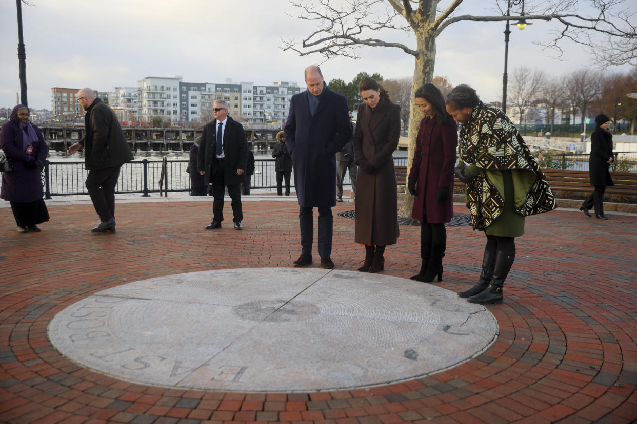 Britain's Prince William and Kate, Princess of Wales, visit the Harbor Defenses of Boston with Boston Mayor Michelle Wu and Reverend Mariama White-Hammond on Thursday, Dec. 1, 2022 in Boston. (Brian Snyder/Pool Photo via AP)