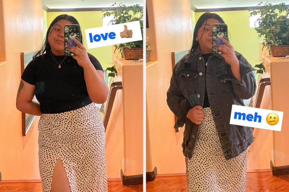 The left image is Dannica wearing her AI-picked brunch outfit without the jacket, and loving it. The right image is Dannica wearing the same outfit with the jacket, and not loving it as much