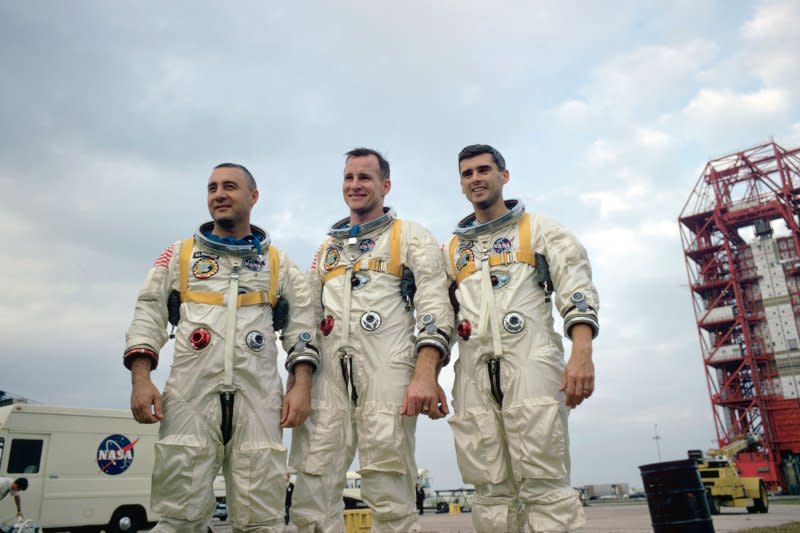 The prime crew of NASA's first manned Apollo space flight, are pictured during training in Florida: Virgil I. Grissom (L), Edward H. White II (C) and Roger B. Chaffee. File Photo by NASA/UPI