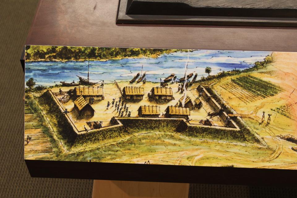 A drawing at the Fort Mose museum and visitors' center depicts what the St. Augustine fort is believed to have looked like in the 1700s, complete with walls and a moat to protect its inhabitants.